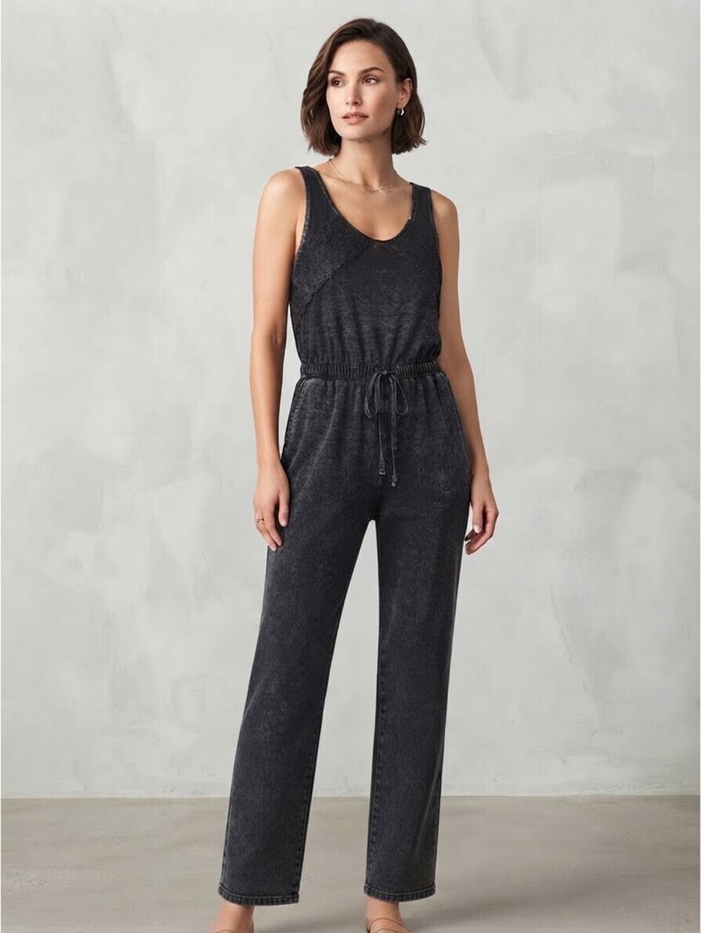 Just Be… Charcoal Burnout Lace Bodice Elastic Tie Waist Jumpsuit Size Medium